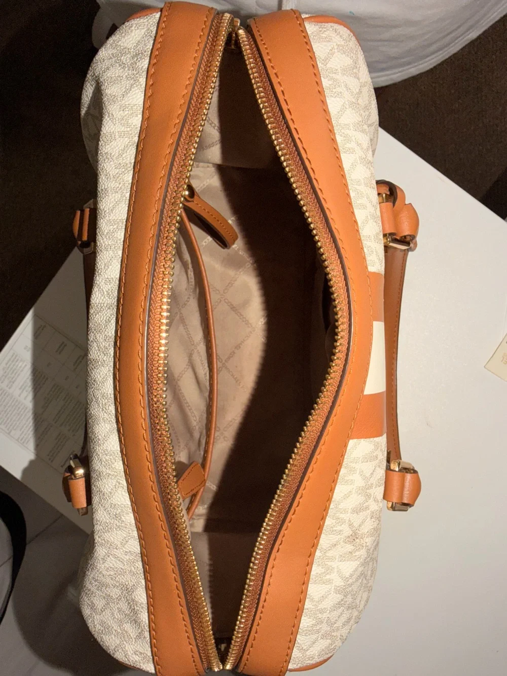 Michael Kors Tan and White Signature Stripe Satchel